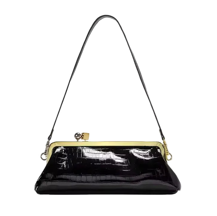Women Leather Kiss Lock Bag | Long Clutch Bag | Luxury Shoulder Bag | Elegant Party Purse | Underarm Bag Black 2