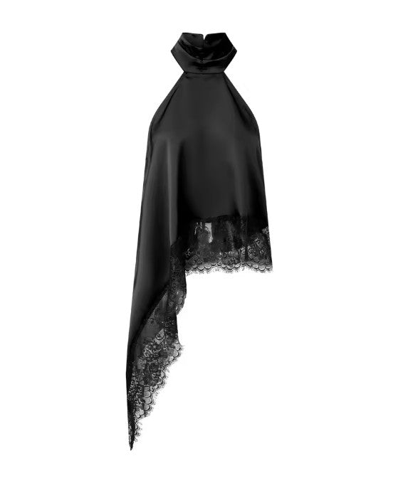 Women Asymmetrical Lace Satin Top | Silk Vest | Draped Choker | Halter Neck | Cami