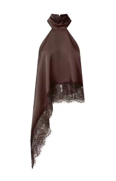 Women Asymmetrical Lace Satin Top | Silk Vest | Draped Choker | Halter Neck | Cami