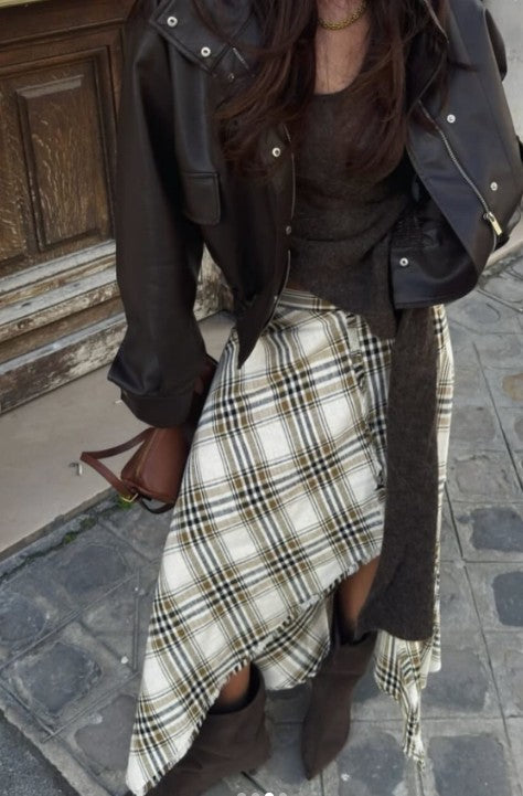 Women Vintage Asymmetric Plaid Skirt | Long Skirt | Spring | A-Line | High Waist