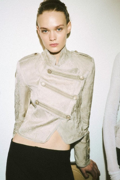 Women Napoleon Jacket | Casual Short Coat | Asymmetrical | Double-Breasted | Long Sleeves | Stand Collar Jacket