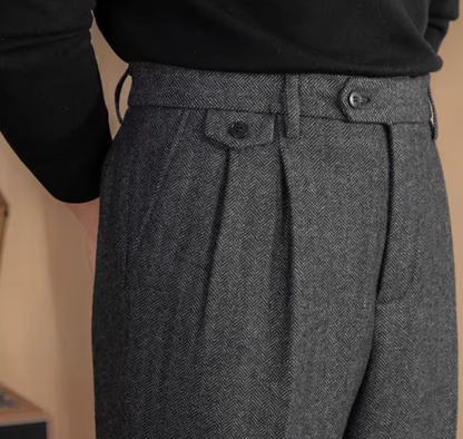 Men High-Waisted Woolen Pants | Herringbone | Italian Vintage Pants | Suit Pants | Warm | Straight Fit