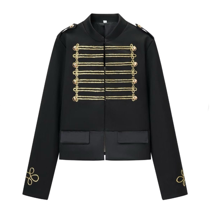 Women Napoleon Jacket | Black Short Jacket | Stand Collar | Pearl Buttons | Cropped Jacket