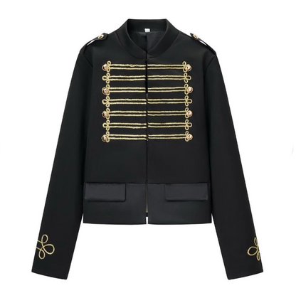 Women Napoleon Jacket | Black Short Jacket | Stand Collar | Pearl Buttons | Cropped Jacket