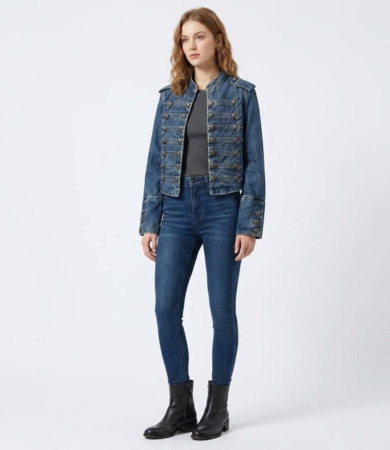 Women Metal Rib Button Denim Jacket | Cropped Jacket | Washed Effect | Napoleon Jacket | Slim