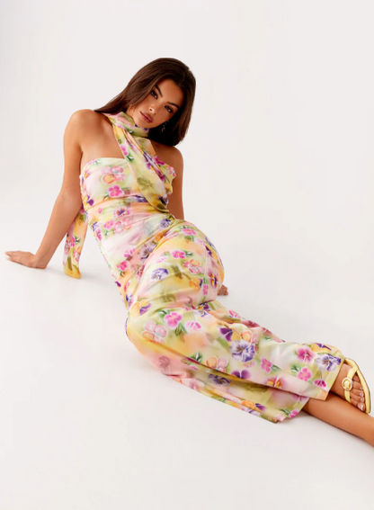 Women Floral Print Long Dress | Tube Dress | Summer | Strapless Dress with Choker Scarf