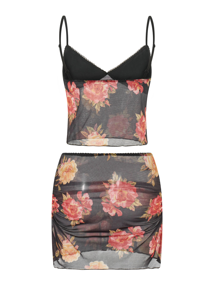 Women Floral Print V Neck Cami Top | Summer Set | Sleeveless | Mini Skirt | Two Piece