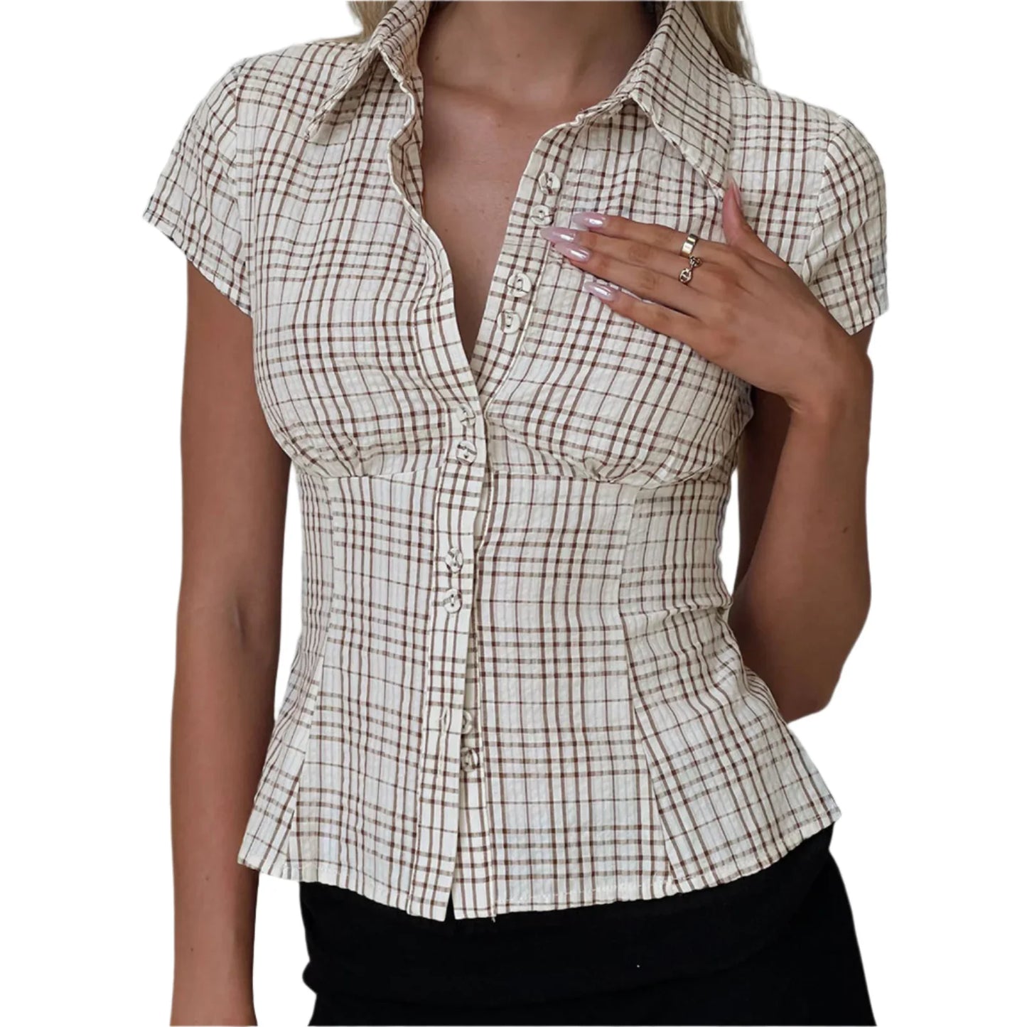 Women Short Sleeve Plaid Button Down Shirt | Button Down Blouse | Fitted Top Brown