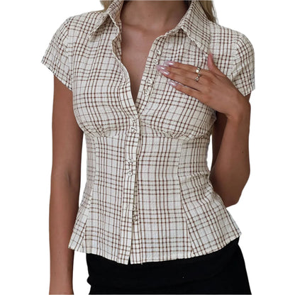 Women Short Sleeve Plaid Button Down Shirt | Button Down Blouse | Fitted Top Brown