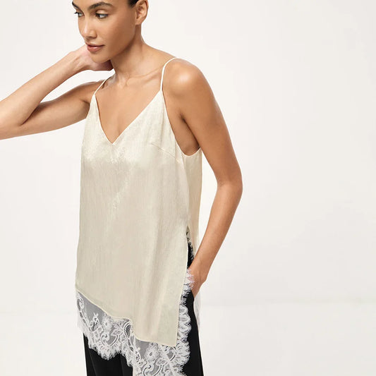 Women Elegant Satin Spaghetti Strap Camisole | Lace Split Vest | Casual Silk Top | Summer