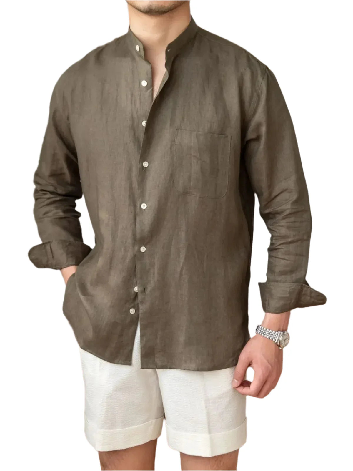 Men Breathable Pure Linen Long Sleeve Business Shirt | Vacation Shirt | Summer Lightweight Shirt Brown