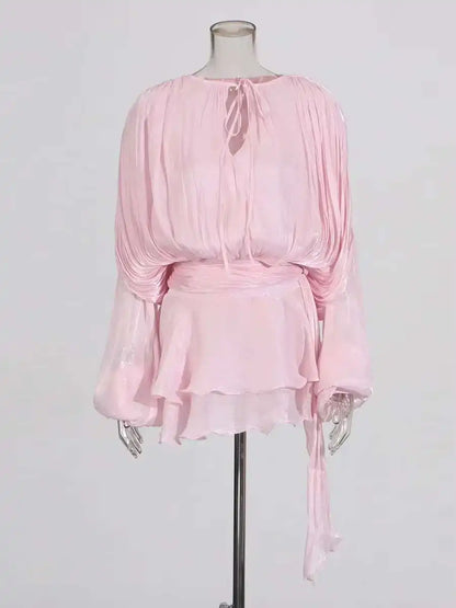 Women Flowy Mini Dress | V Neck | Long Sleeve | Spliced | Lace Up | Blouse Dress Light Pink
