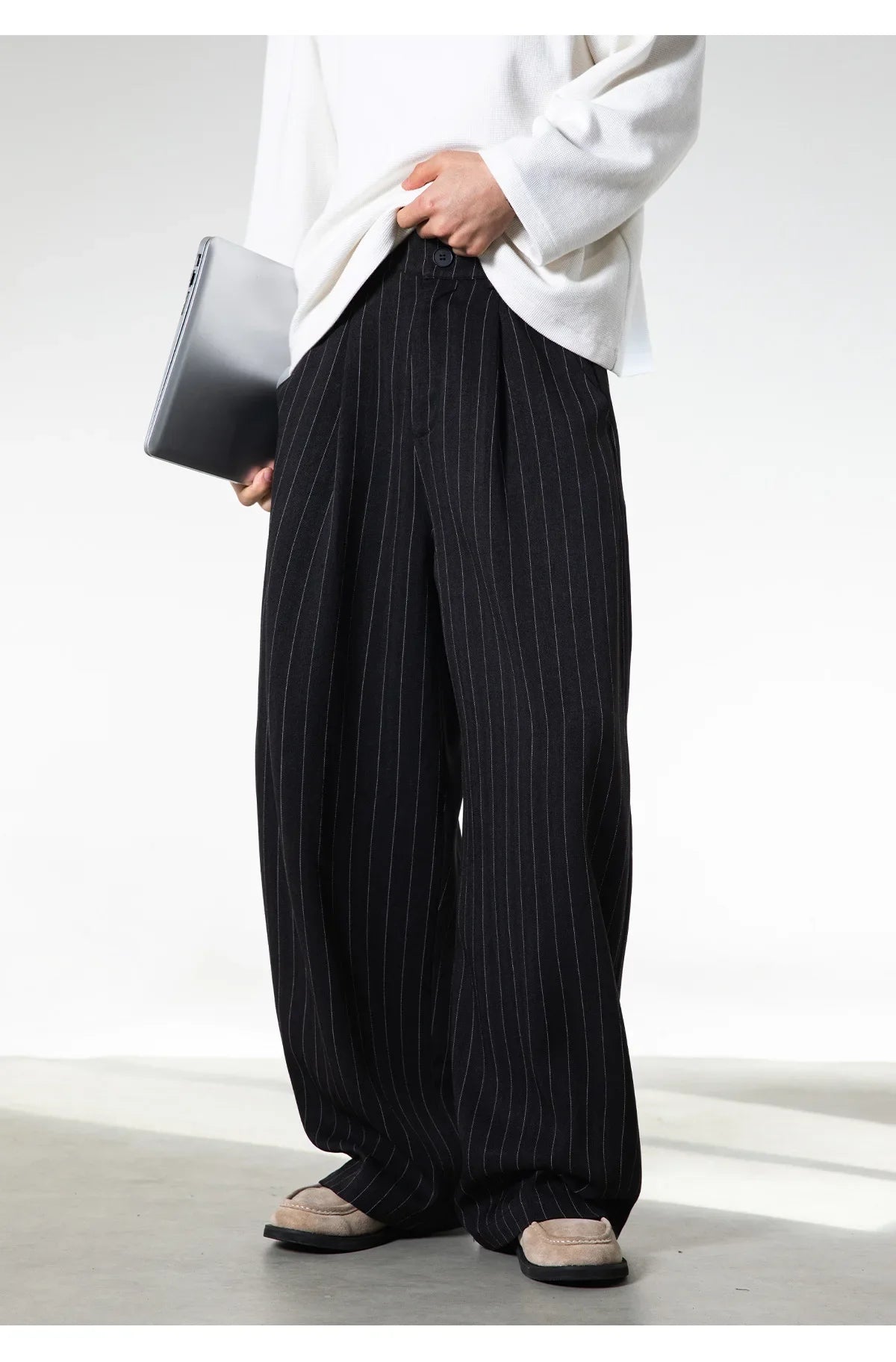 Men Classic Striped Pleated Wide Leg Trousers | Baggy | Straight | Dress Pants | Business