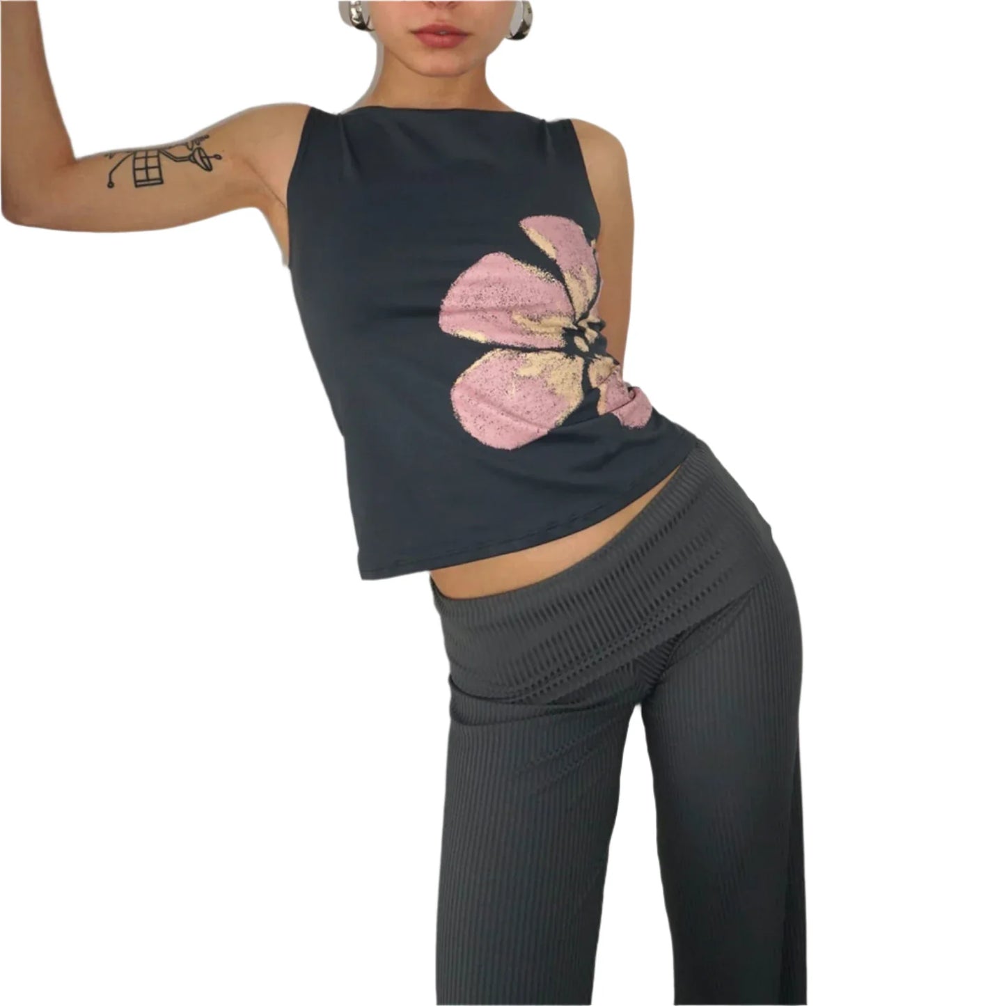 Women Vintage Crop Tank Top | Slim Fitted | Flower Print Boat Neck Sleeveless Top