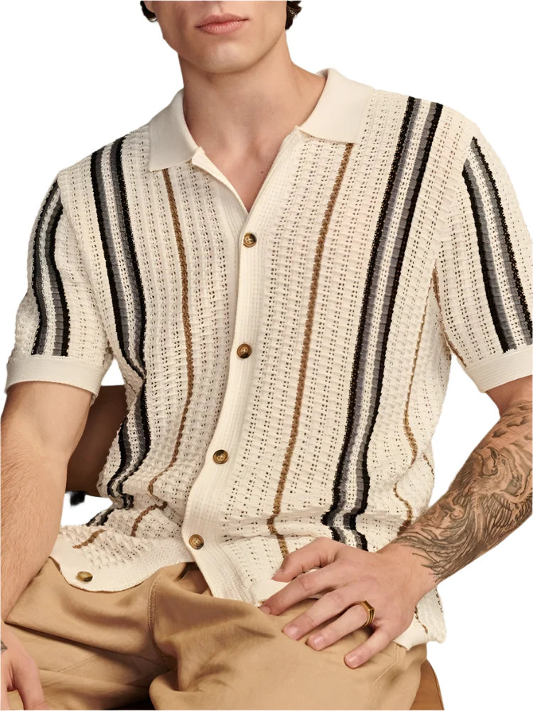Men Knitted Summer Shirt | Casual Breathable Slim Fit Short Sleeve | Vintage Striped Crochet Knit Shirt