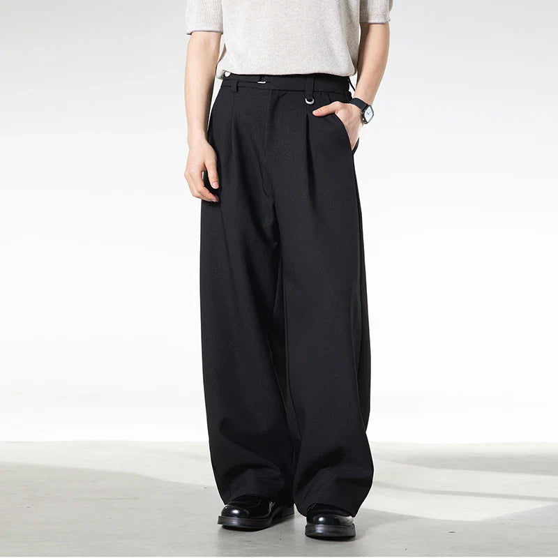 Men Loose Fit Dress Pants | Adjustable Buckle | Pleated | Casual Trousers | Wide Leg