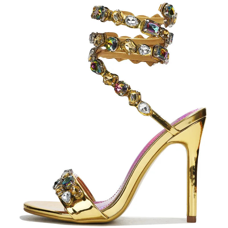 Women Luxury Crystal Embellished Snake Heels | Sandals | Stiletto High Heels | Gladiator Sandals | Summer Heels | Wedding | Party Gold