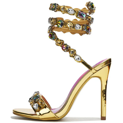 Women Luxury Crystal Embellished Snake Heels | Sandals | Stiletto High Heels | Gladiator Sandals | Summer Heels | Wedding | Party Gold