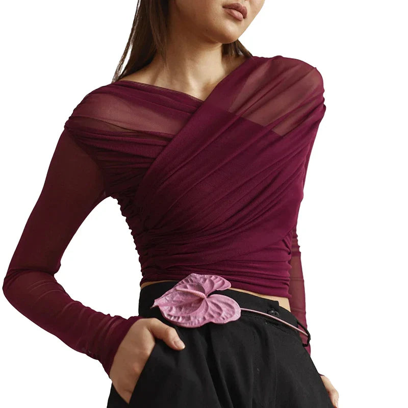 Women Cross Neck Mesh Crop Top | Pleated Long Sleeve See-Through Top Maroon