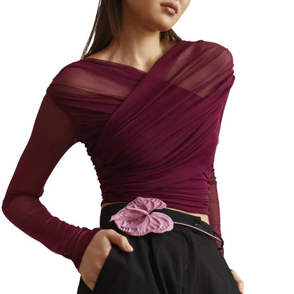 Women Cross Neck Mesh Crop Top | Pleated Long Sleeve See-Through Top Maroon