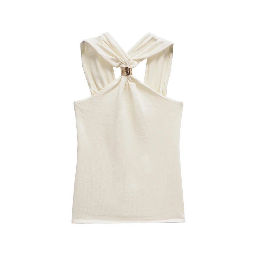 Women Knit Halter Neck Tank Top | Ring Top cream
