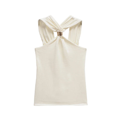 Women Knit Halter Neck Tank Top | Ring Top cream