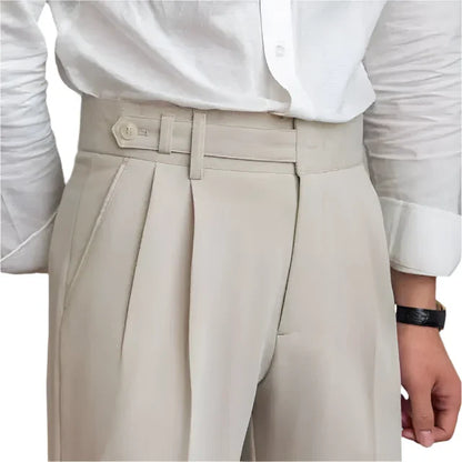 Men Vintage High Waisted Pleated Pants Apricot