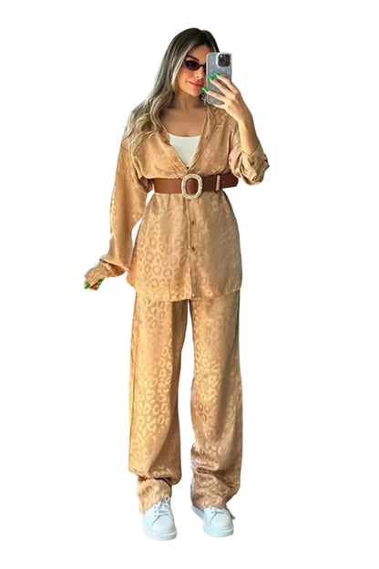 Women Satin Shirt and Wide Leg Trousers Suit | 2 Piece Leopard Print Set | Pajamas Set Golden