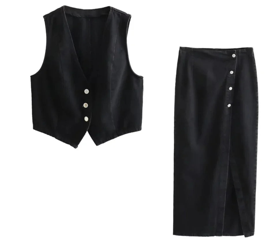Women Denim V-Neck Vest | Denim Long Skirt | Denim Skirt and Vest Set Black Set