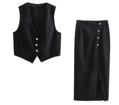 Women Denim V-Neck Vest | Denim Long Skirt | Denim Skirt and Vest Set Black Set