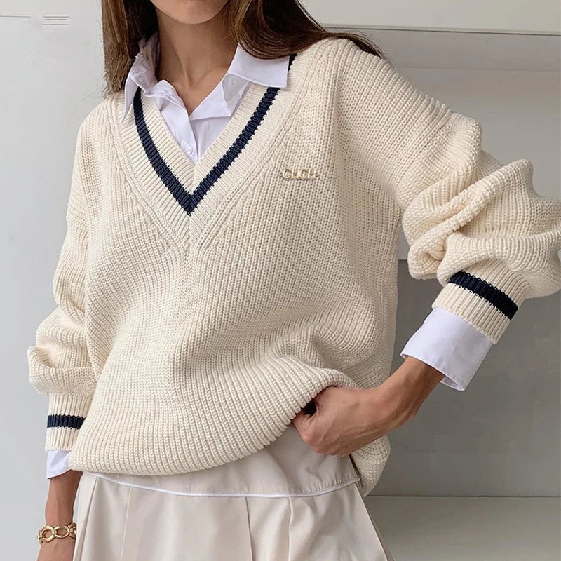 Women Loose Sweater | Autumn | Knitted Pullover | Long Sleeve | V-Neck Knitted Sweater Ivory