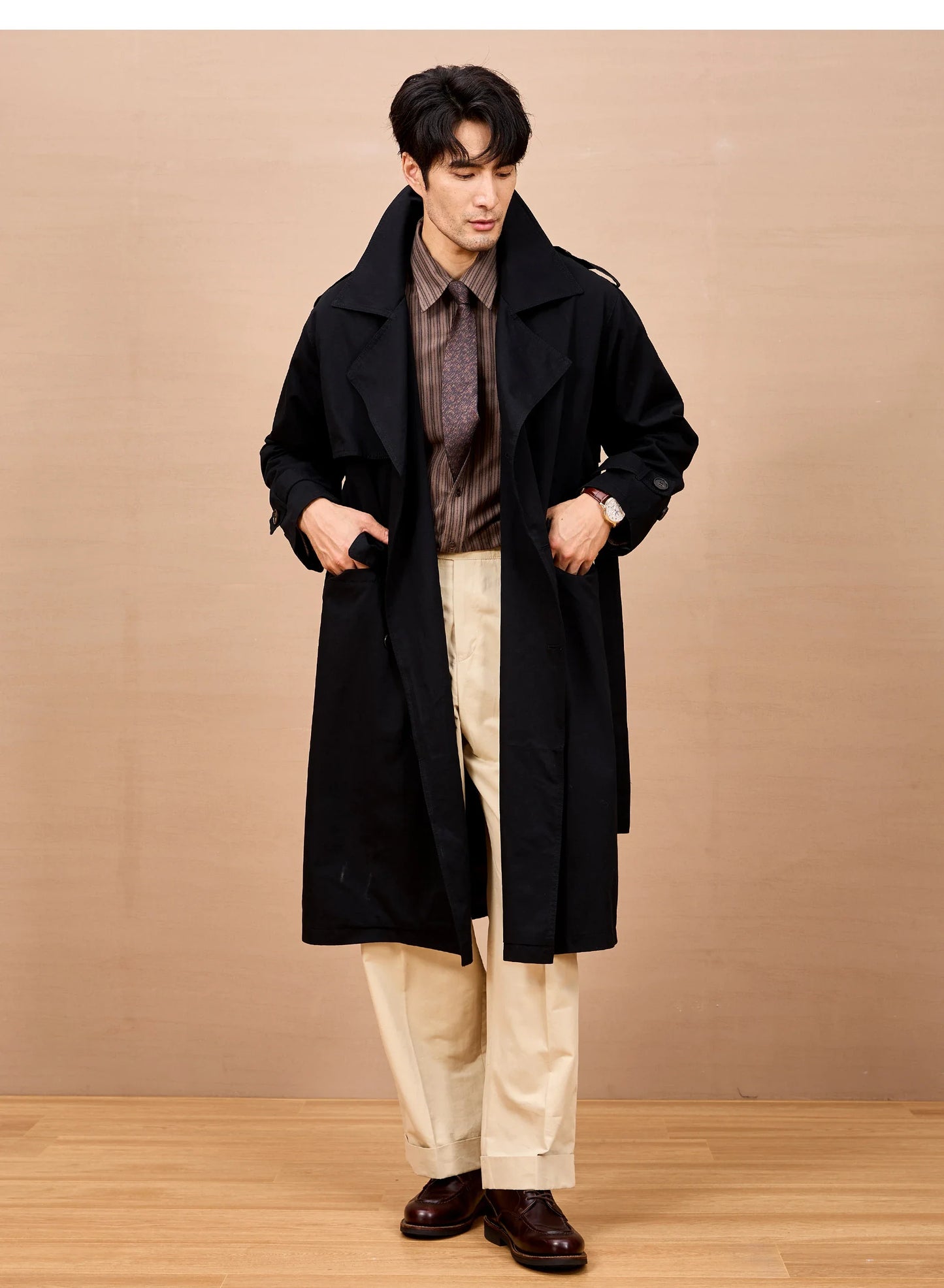 Men Long Trench Coat | Double Breasted | British Style | Spring | Autumn