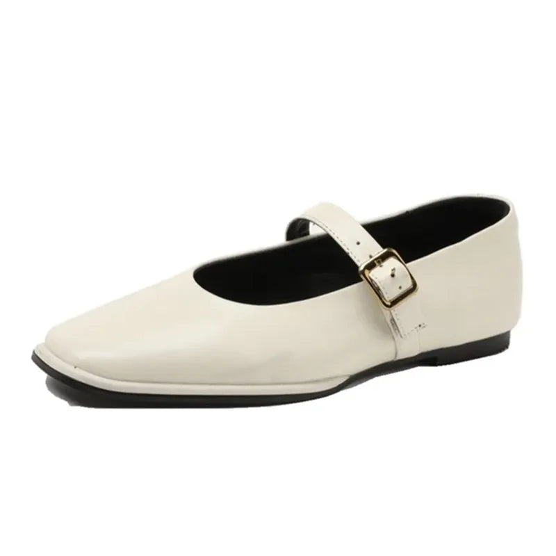 Women Mary Jane Shoes | Genuine Leather | Ballet Shoes | Square Toe Flat Shoes beige