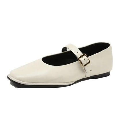 Women Mary Jane Shoes | Genuine Leather | Ballet Shoes | Square Toe Flat Shoes beige