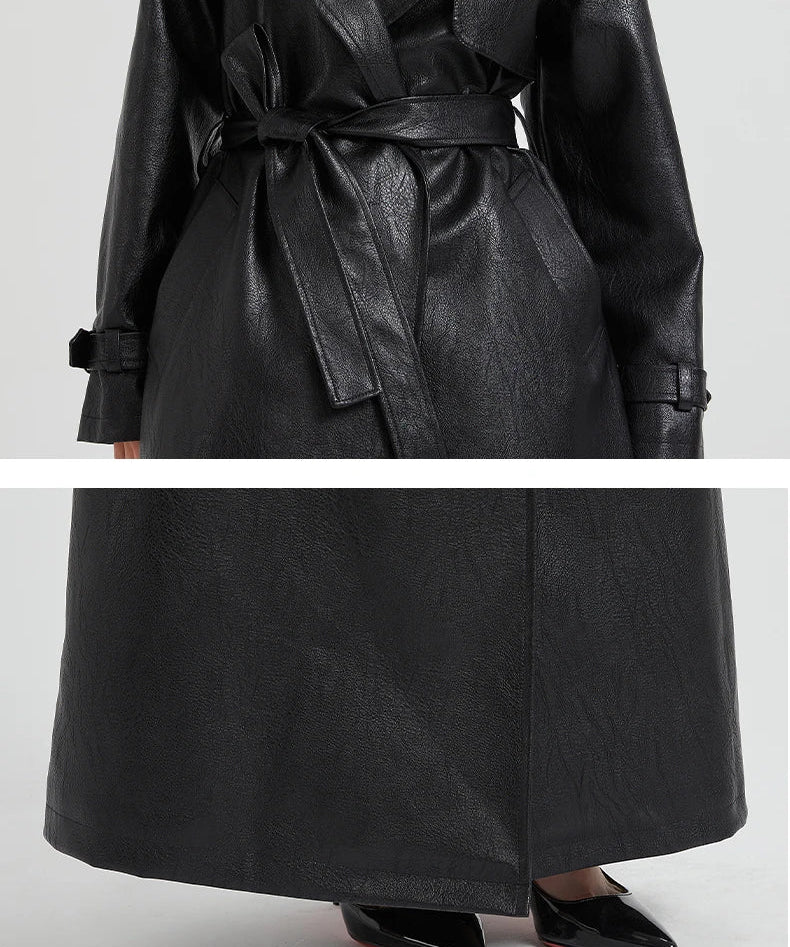 Women Extra Long Leather Trench Coat | Luxury Chic Overcoat | Autumn