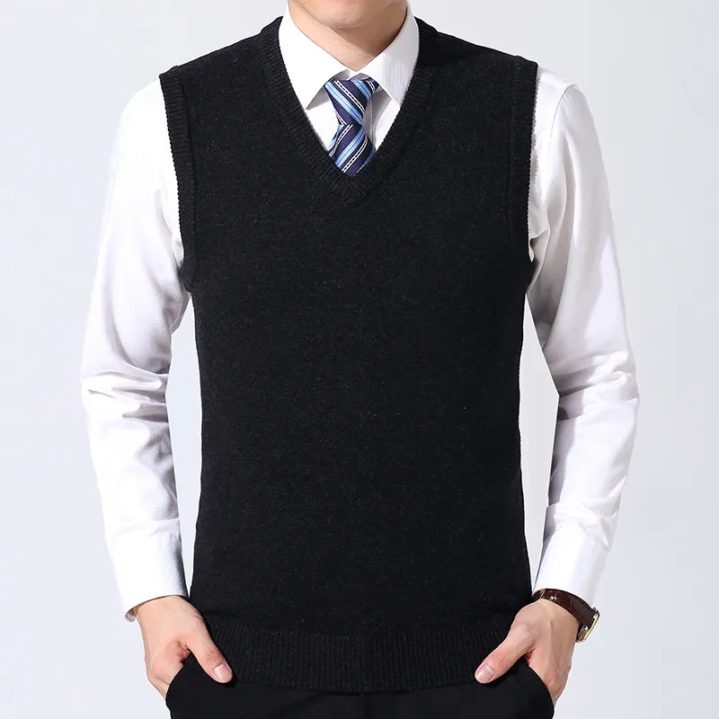 Men Knitted Cotton Sweater Vest | Casual Warm Winter V-Neck Outerwear black