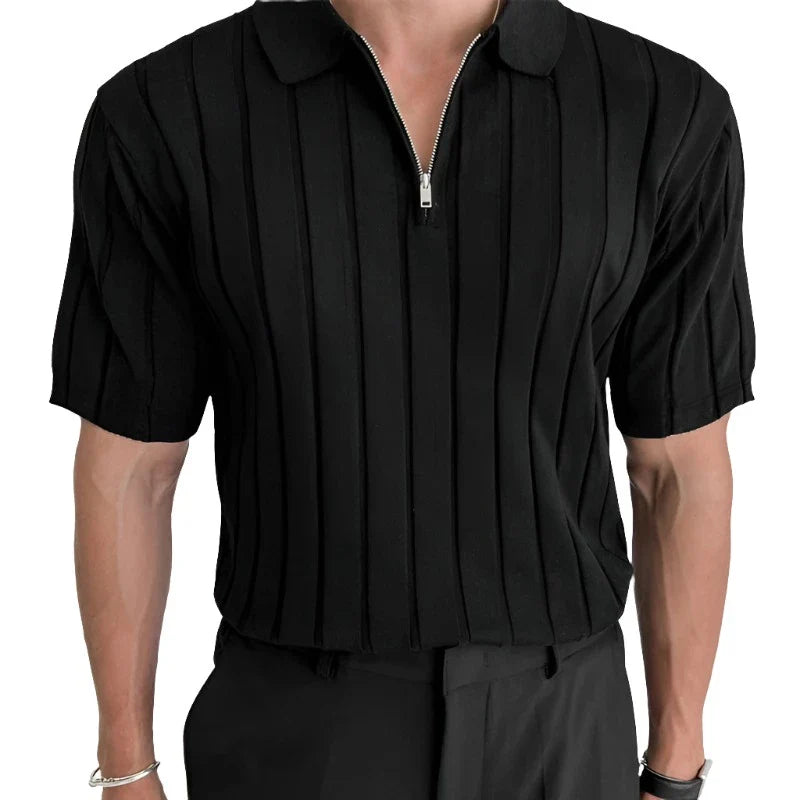 Men Casual Zipper Knitted Shirt | Summer Breathable Lapel Short Sleeve