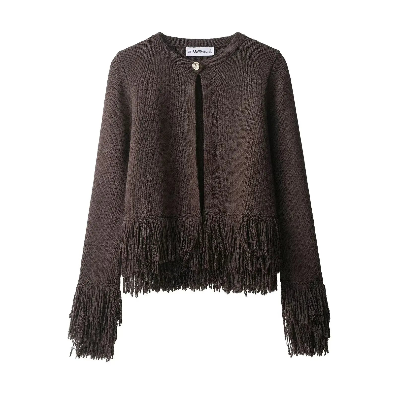 Women Fringed Cardigan | Knitted Sweater with Tassel | Vintage | Long Sleeves Chocolate