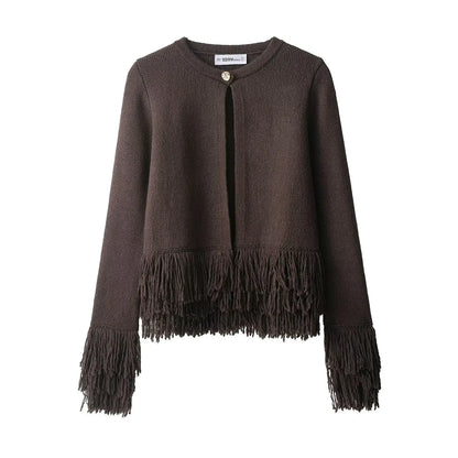 Women Fringed Cardigan | Knitted Sweater with Tassel | Vintage | Long Sleeves Chocolate