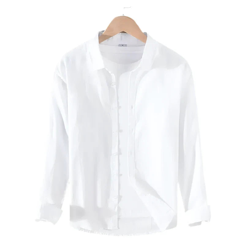 Men Linen Shirt | Long Sleeves Button Down Top | Stand Collar Plain Color Shirt White