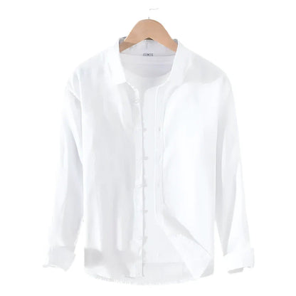 Men’s Mandarin Collared Linen Shirt | Long Sleeves Button Down Top | Plain Color