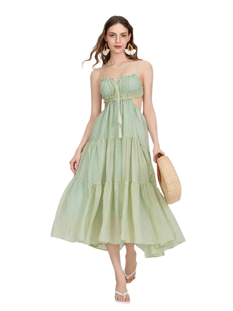 Women Summer Flowy Long Dress | Spaghetti Strap Backless Ruffled A-line Dress | Bohemian Holiday Sundress