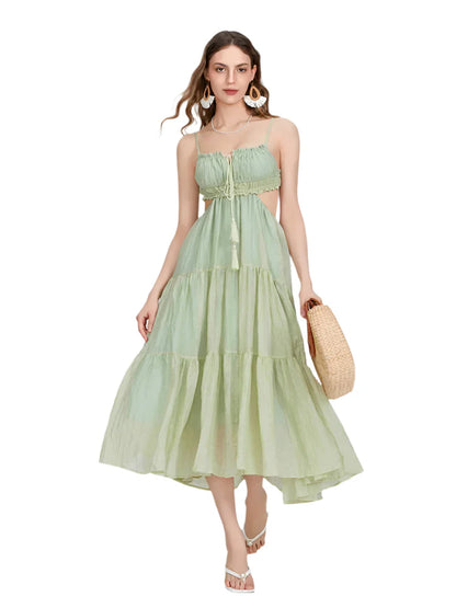 Women Summer Flowy Long Dress | Spaghetti Strap Backless Ruffled A-line Dress | Bohemian Holiday Sundress