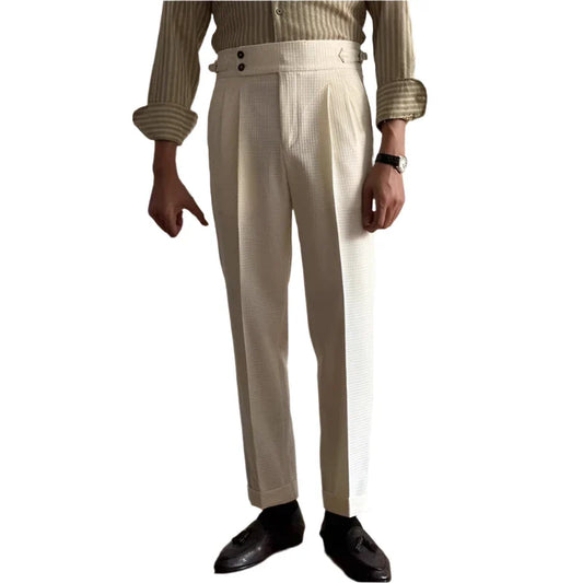 Men Old Money Waffle Pants | Vintage Belt-up High Waist Trousers | Breathable Pants | Solid Color