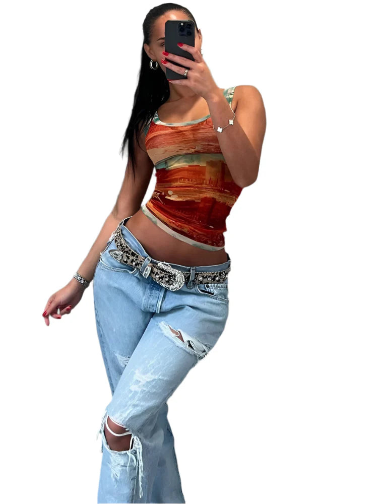 Women Summer Mesh Tank Top | Vintage Print | Crop Top | Tee Red