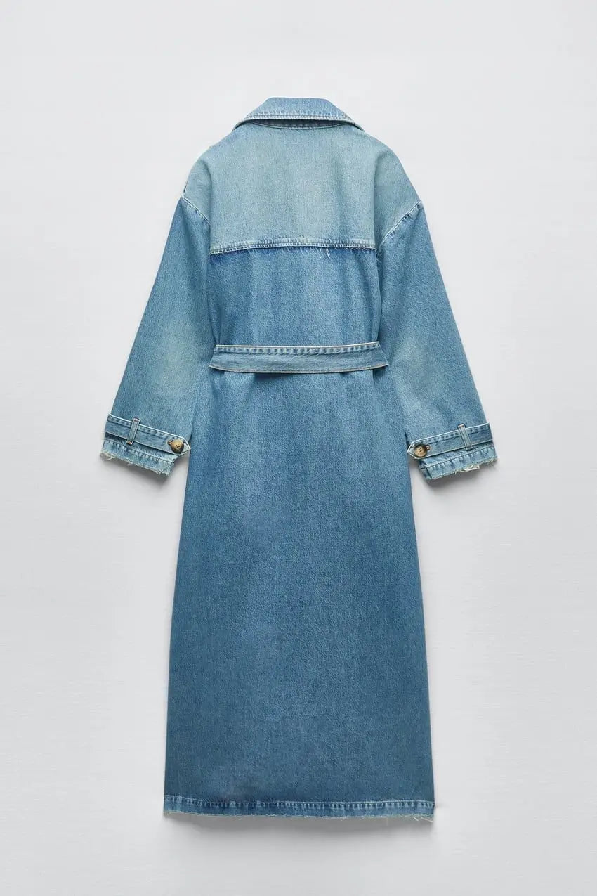 Women Vintage Denim Long Coat | Double Breasted | Winter Long Coat