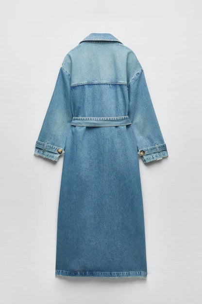 Women Vintage Denim Long Coat | Double Breasted | Winter Long Coat
