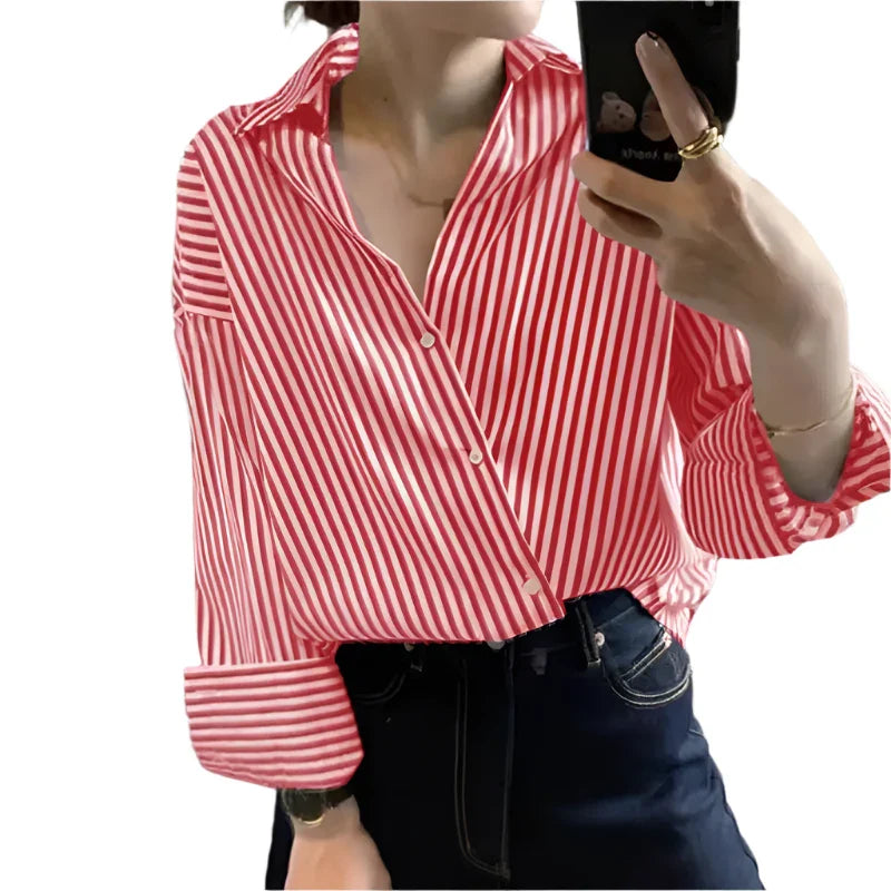 Women Striped Long Sleeve Loose Oversized Blouse | Vintage Button-Up Top Slanted-Red