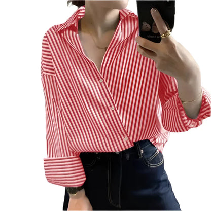 Women Striped Long Sleeve Loose Oversized Blouse | Vintage Button-Up Top Slanted-Red
