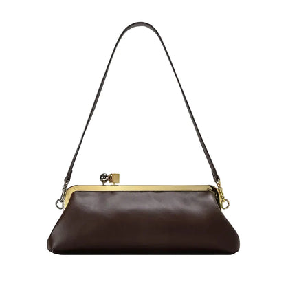 Women Leather Kiss Lock Bag | Long Clutch Bag | Luxury Shoulder Bag | Elegant Party Purse | Underarm Bag Chocolate Brown
